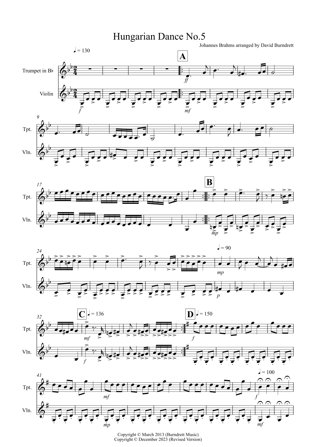 Hungarian Dance No.5 for Trumpet and Violin Duet (arr. David Burndrett)