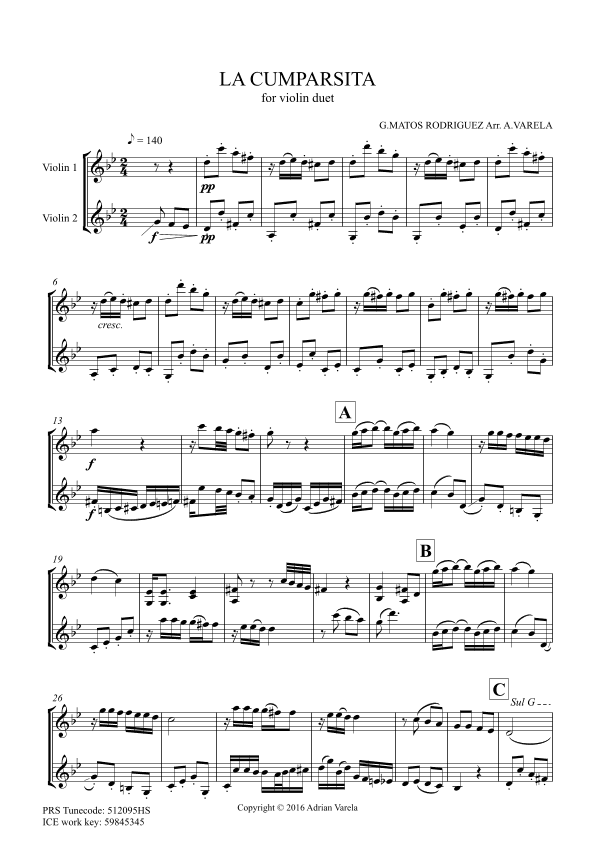 La Cumparsita for violin duet (arr. Adrian Varela)