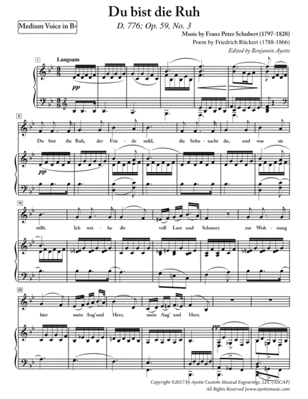 Schubert - Du bist die Ruh for Medium Voice in B-flat Major (arr. Benjamin Ayotte)
