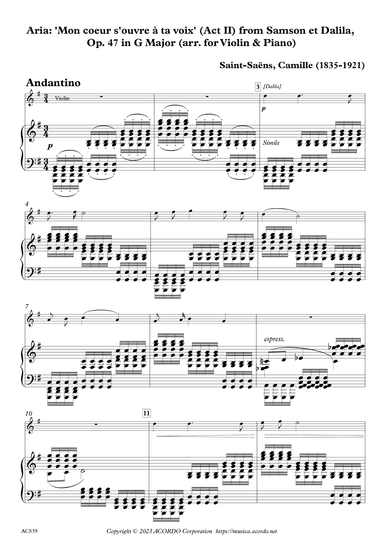 Aria: 'Mon coeur s'ouvre à ta voix' (Act II) from Samson et Dalila, Op. 47 (arr. for Violin & Piano) (arr. Kamada, Mikio)