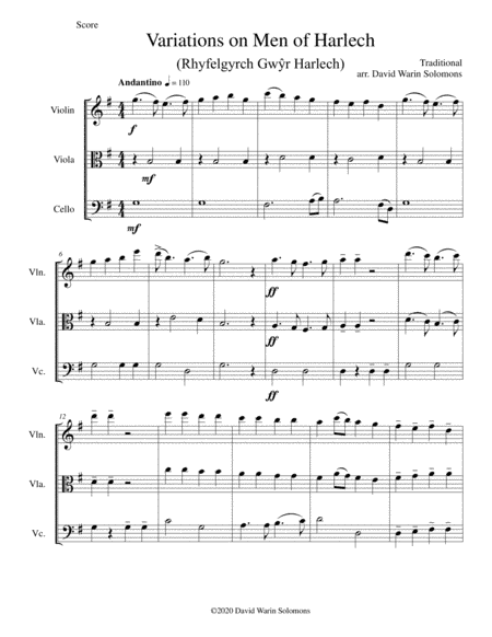 Variations on Men of Harlech (Rhyfelgyrch Gwyr Harlech ) arrangement for string trio (arr. David Warin Solomons)