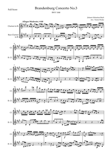 Brandenburg Concerto No. 3 in G major, BWV 1048 1st Mov. (J.S. Bach) for Clarinet Duo (arr. Victor Drake)