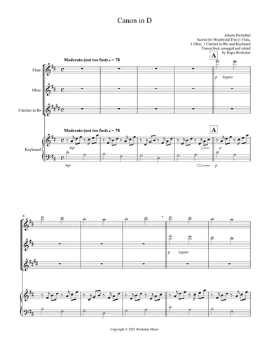 Canon in D (Pachelbel) (D) (Woodwind Trio - 1 Flute, 1 Oboe, 1 Clar), Keyboard) (arr. Regis Bookshar)