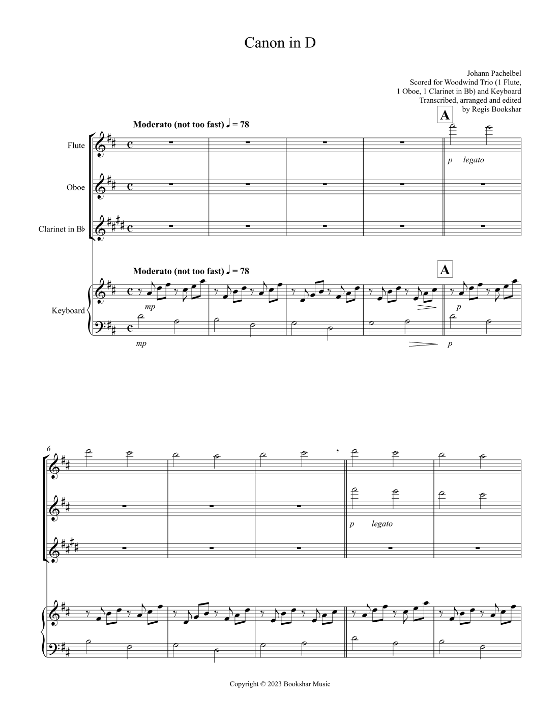 Canon in D (Pachelbel) (D) (Woodwind Trio - 1 Flute, 1 Oboe, 1 Clar), Keyboard) (arr. Regis Bookshar)