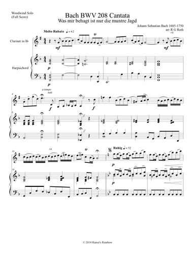 Bach BWV 208 Aria May Sheep Safely Graze Clarinet Solo (arr. R G Roth)