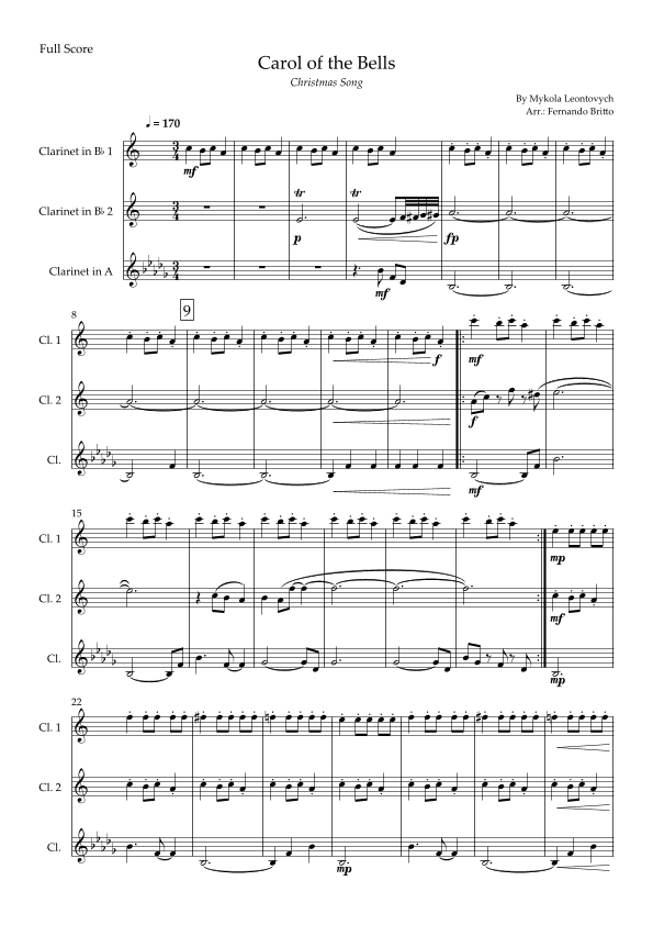 Carol of The Bells - Jazz Version (Christmas Song) for Clarinet Trio (arr. Fabio Britto)