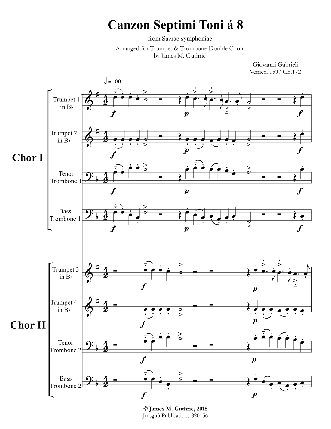 Gabrieli: Canzon Septimi Toni Ch. 172 for Trumpet & Trombone Double Choir (arr. James M. Guthrie)