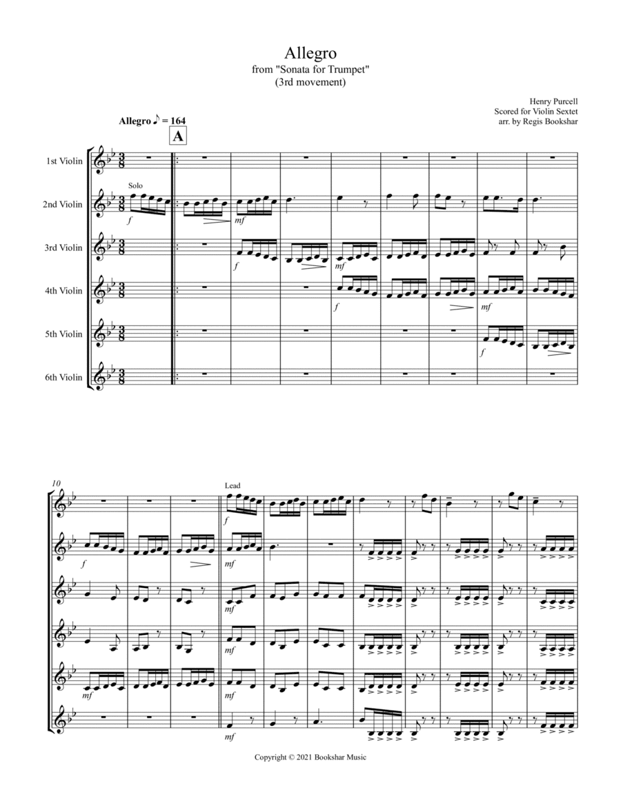 Allegro (from "Sonata for Trumpet") (Bb) (Violin Sextet) (arr. Regis Bookshar)