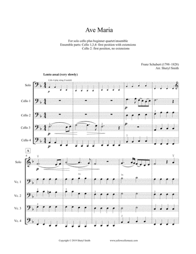 Schubert Ave Maria, for solo advanced cello plus four beginner cellists or cello ensemble (arr. Yellow Cello Music)