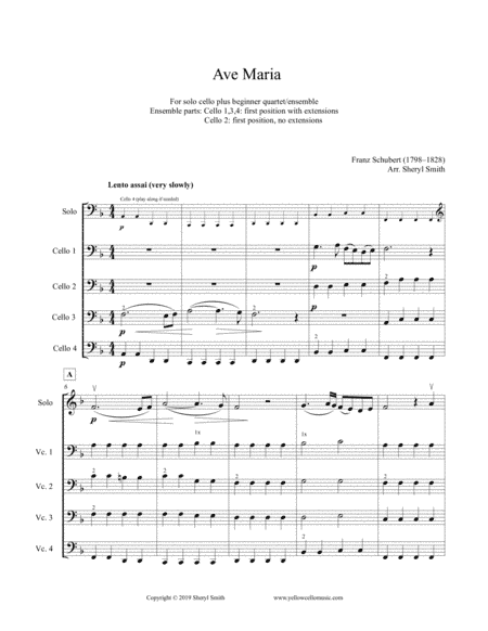 Schubert Ave Maria, for solo advanced cello plus four beginner cellists or cello ensemble (arr. Yellow Cello Music)