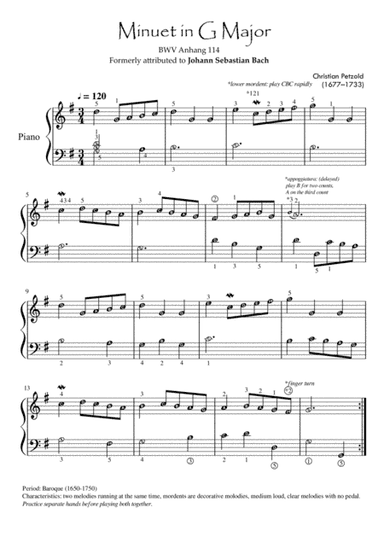Minuet in G major (Bach) with note names, finger numbers and general information (arr. Published Harmony Valarie)