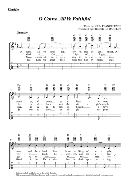 O Come, All Ye Faithful (for Ukulele with TAB) (arr. Michael Thomas Andrews)