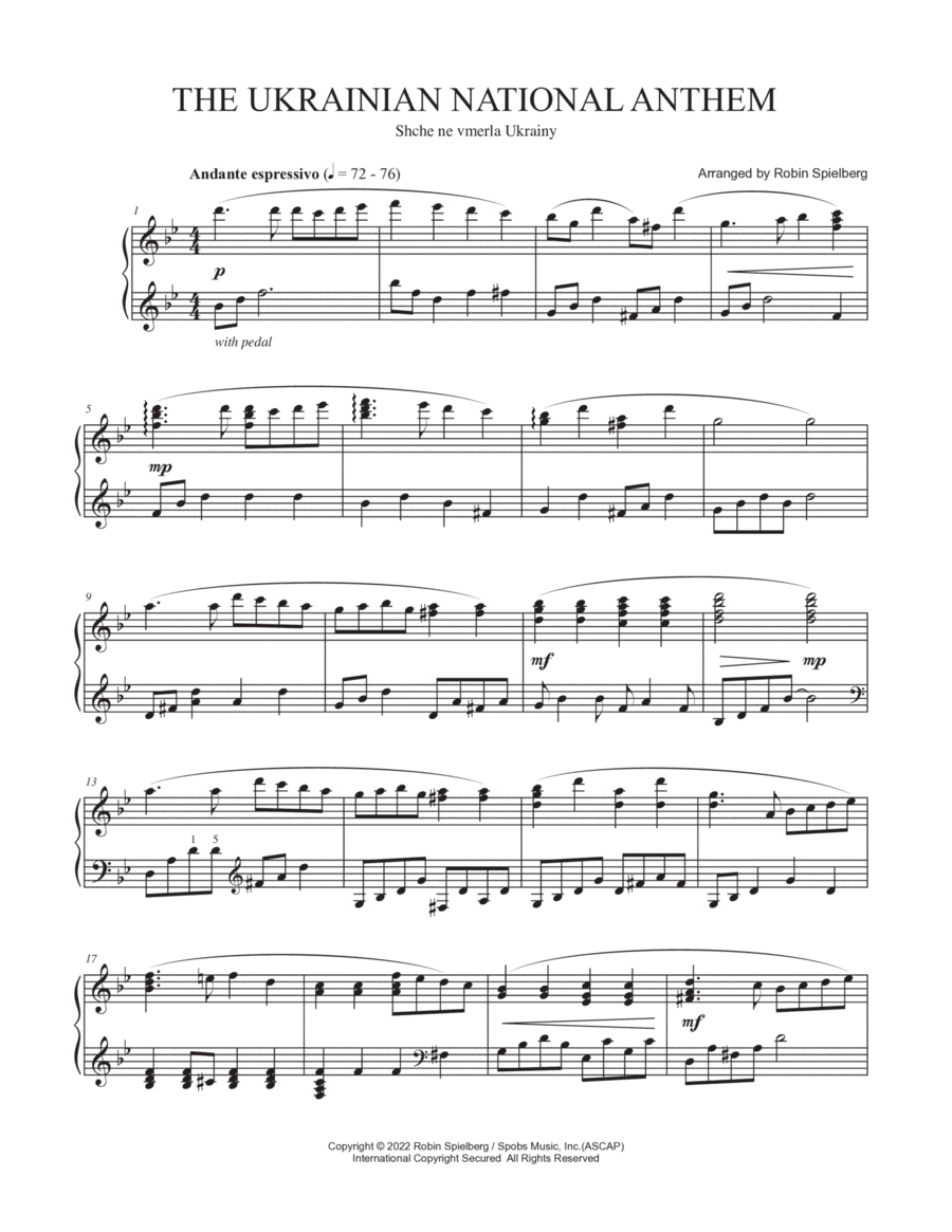 Ukrainian National Anthem - Solo Piano Arrangement (Shche ne vmerla Ukrainy) (arr. Spobs Music Inc)