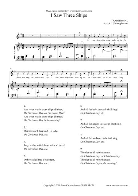 I Saw Three Ships Come Sailing In - Version 1 - Voice and Piano (arr. Anne L Christopherson GRSM ARCM)