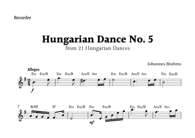 Hungarian Dance No. 5 by Brahms for Recorder Solo with Chords (arr. Rika K.)