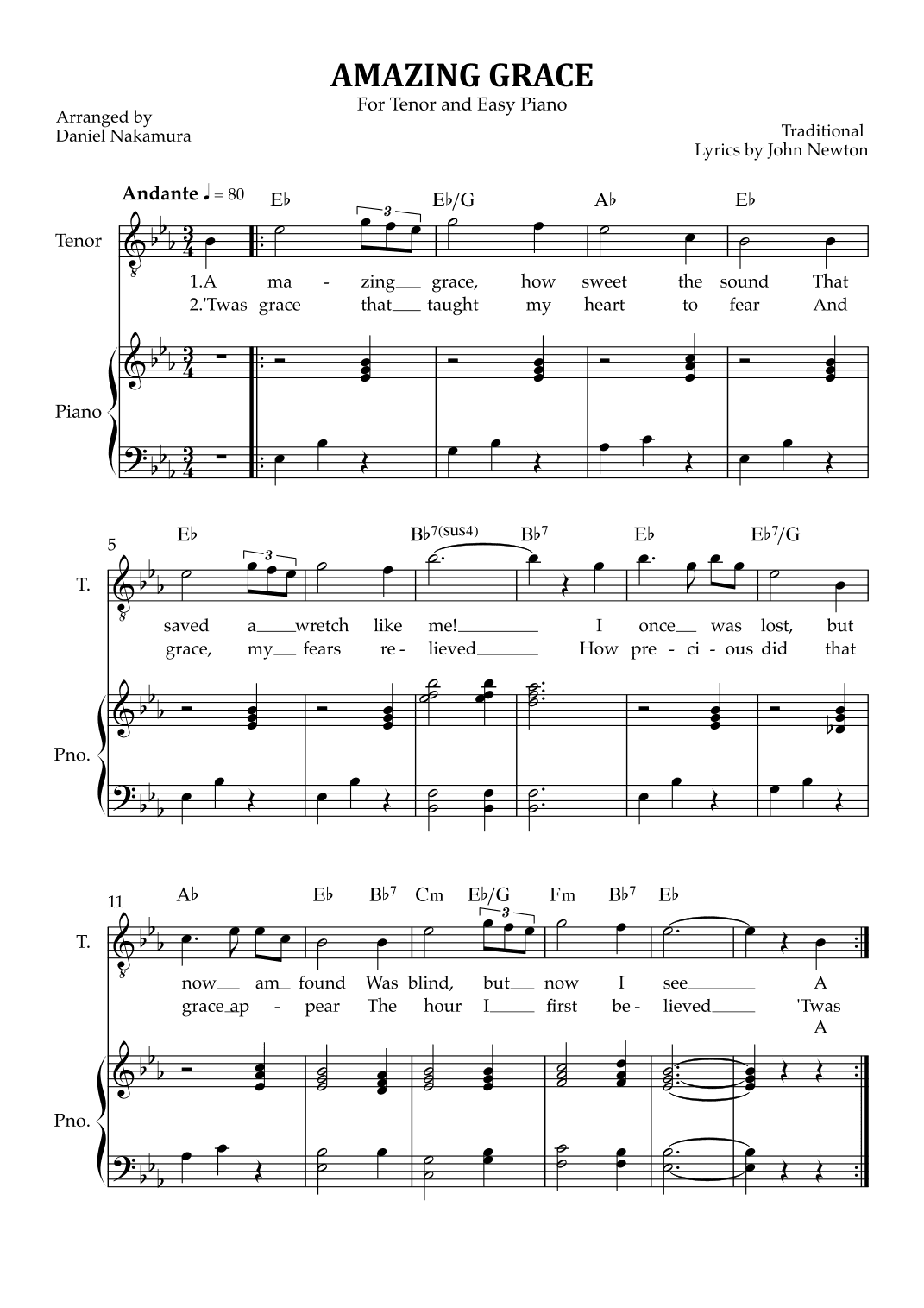 Amazing Grace (for tenor vocal with easy piano) (arr. Daniel Nakamura)