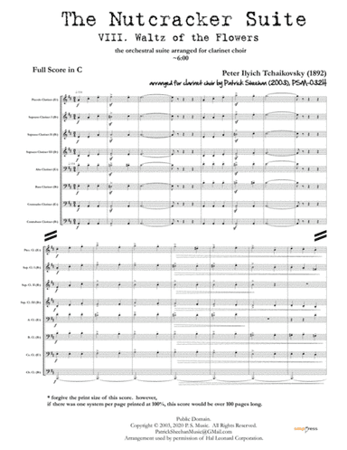 Nutcracker Suite, Mvt. VIII "Waltz of the Flowers" for clarinet choir (full score & set of parts) (arr. Patrick Sheehan)