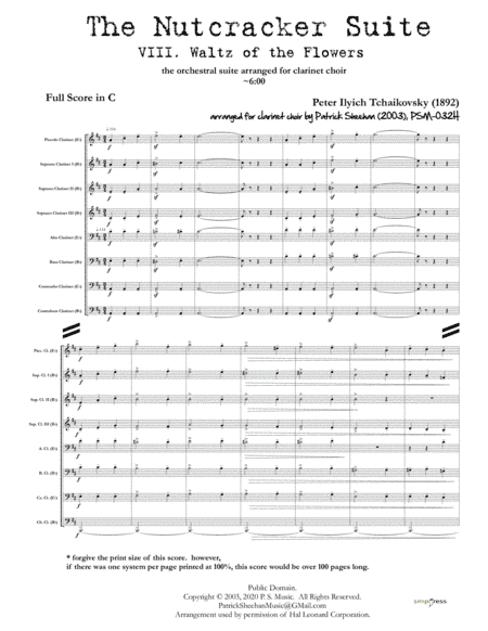 Nutcracker Suite, Mvt. VIII "Waltz of the Flowers" for clarinet choir (full score & set of parts) (arr. Patrick Sheehan)