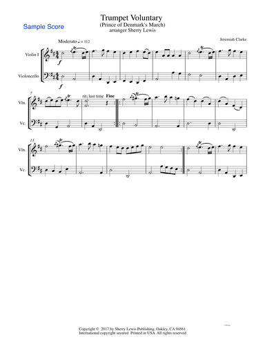 TRUMPET VOLUNTARY (The Prince of Denmark) Jeremiah Clarke, String Duo, Intermediate Level for violin (arr. Sherry Lewis)