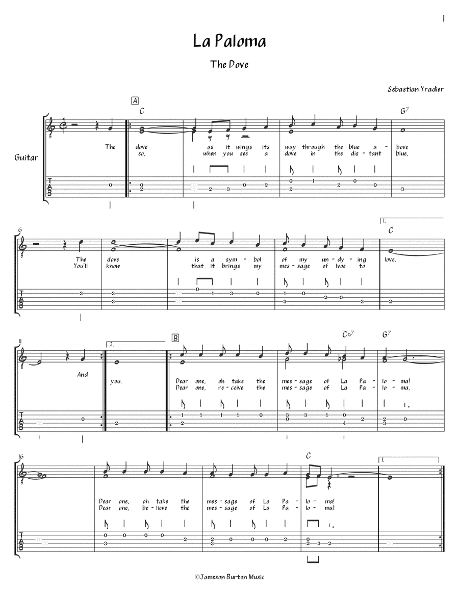 "La Paloma" - Guitar w/TAB (arr. Jameson Burton)