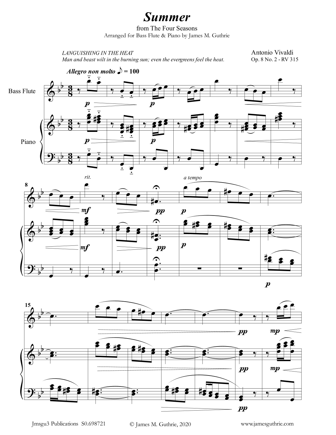 Vivaldi: Summer from the Four Seasons for Bass Flute & Piano (arr. James M. Guthrie, ASCAP)