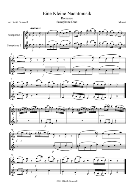 Eine Kleine Nachtmusik – Romanze: Saxophone Duet (2 altos or 2 tenors) (arr. Keith Gemmell)