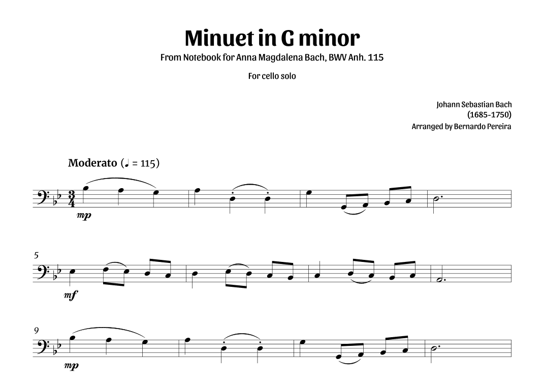 Minuet in G minor (cello solo) (arr. Bernardo Pereira)