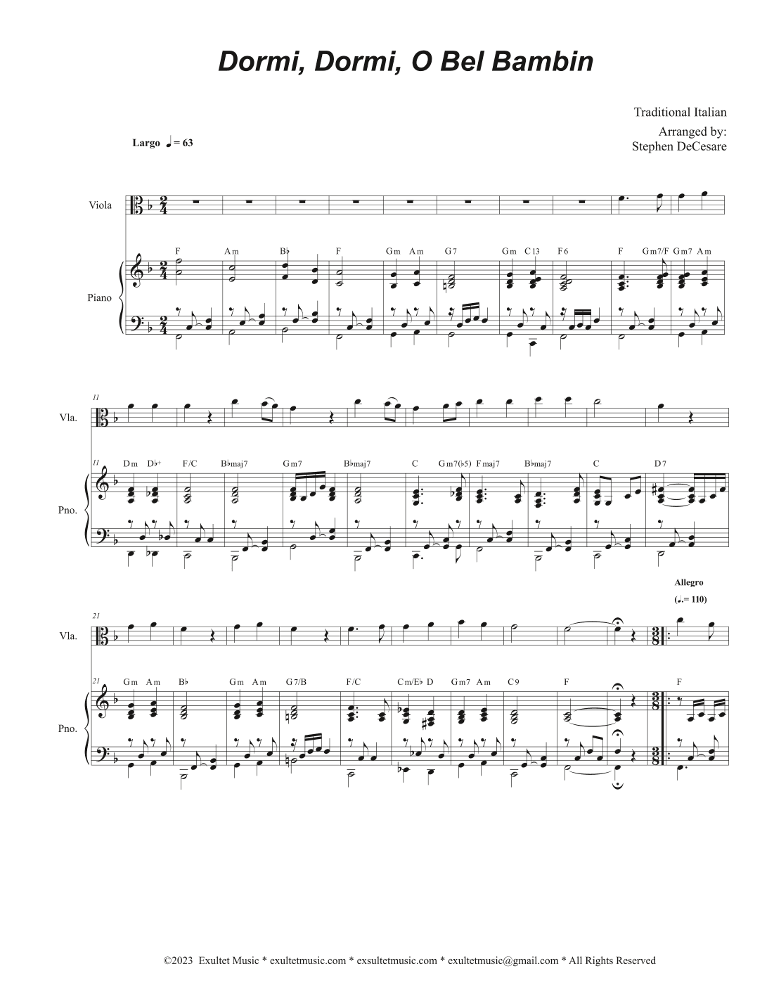 Dormi, Dormi, O Bel Bambin (Viola solo and Piano) (arr. Stephen DeCesare)