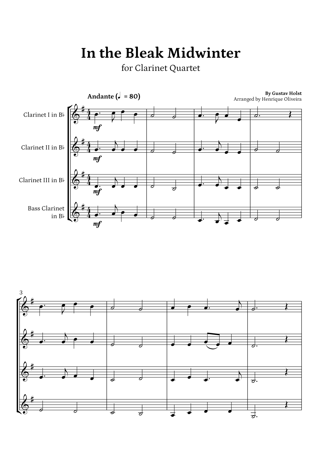 In the Bleak Midwinter (Clarinet Quartet) - Beginner Level (arr. Henrique Oliveira)