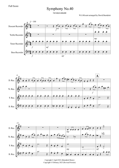 Symphony No.40 (1st movement) for Recorder Quartet (arr. David Burndrett)