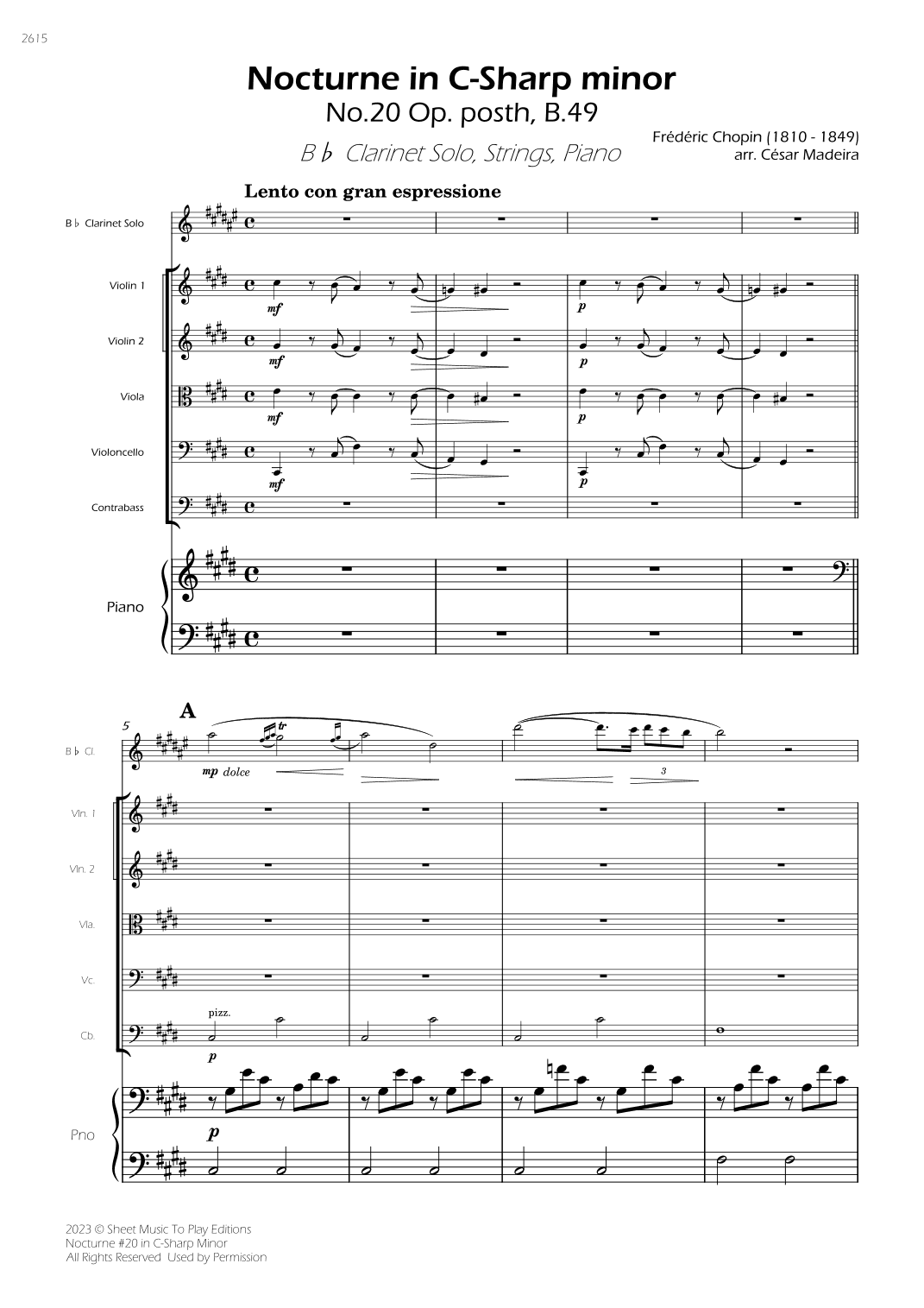 Nocturne No.20 in C Sharp minor - Clarinet Solo, Strings and Piano (Full Score) - Score Only (arr. César Madeira)