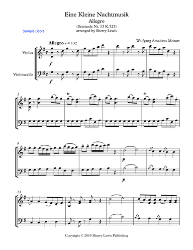 EINE KLEINE NACHTMUSIK - ALLEGRO (1st Mov.) - String Duo - Intermediate Level for violin and cello (arr. Sherry Lewis)