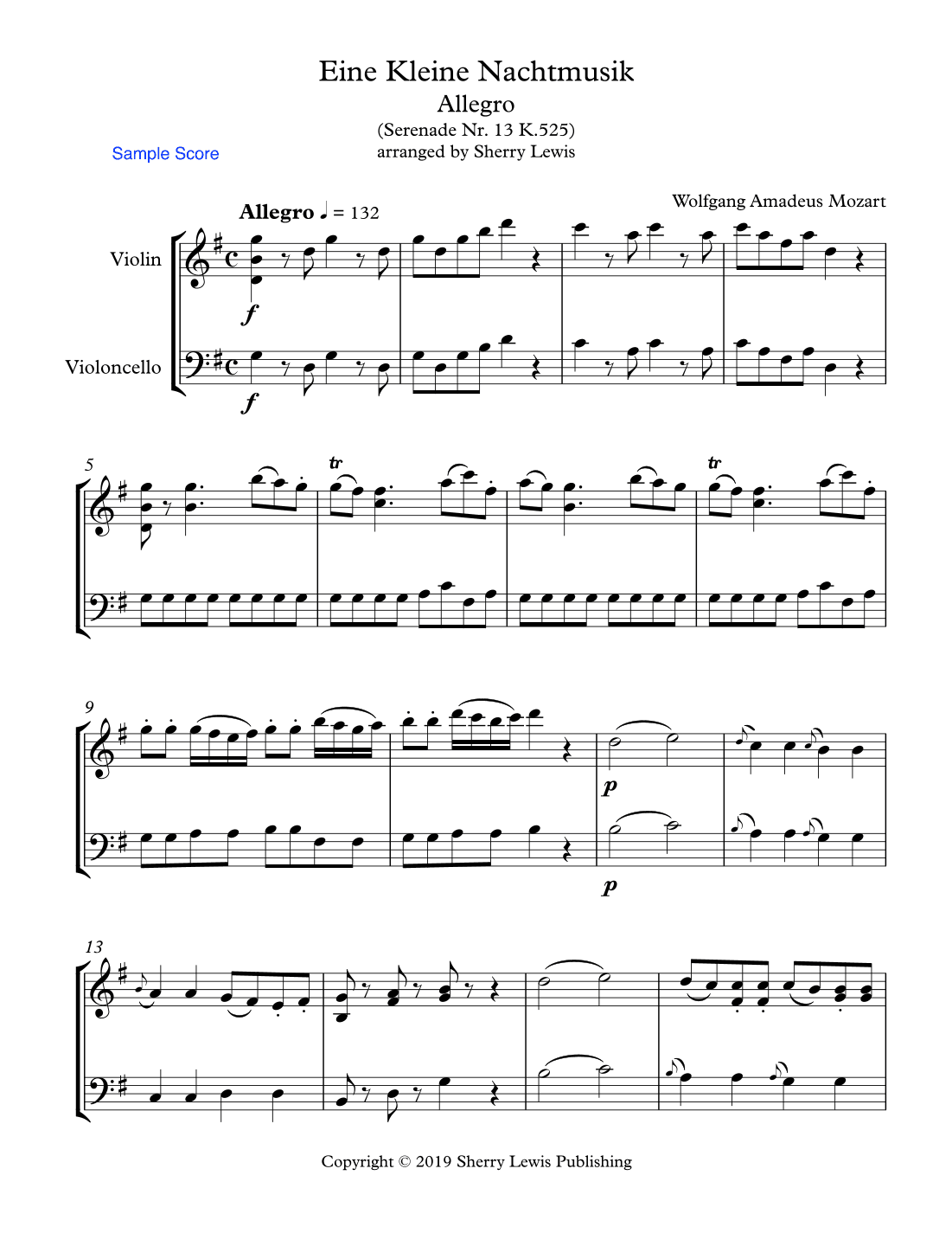 EINE KLEINE NACHTMUSIK - ALLEGRO (1st Mov.) - String Duo - Intermediate Level for violin and cello (arr. Sherry Lewis)