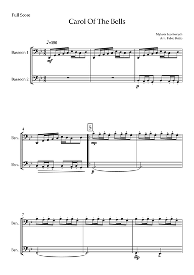 Carol Of The Bells (Mykola Leontovych) for Bassoon Duo (arr. Fabio Britto)
