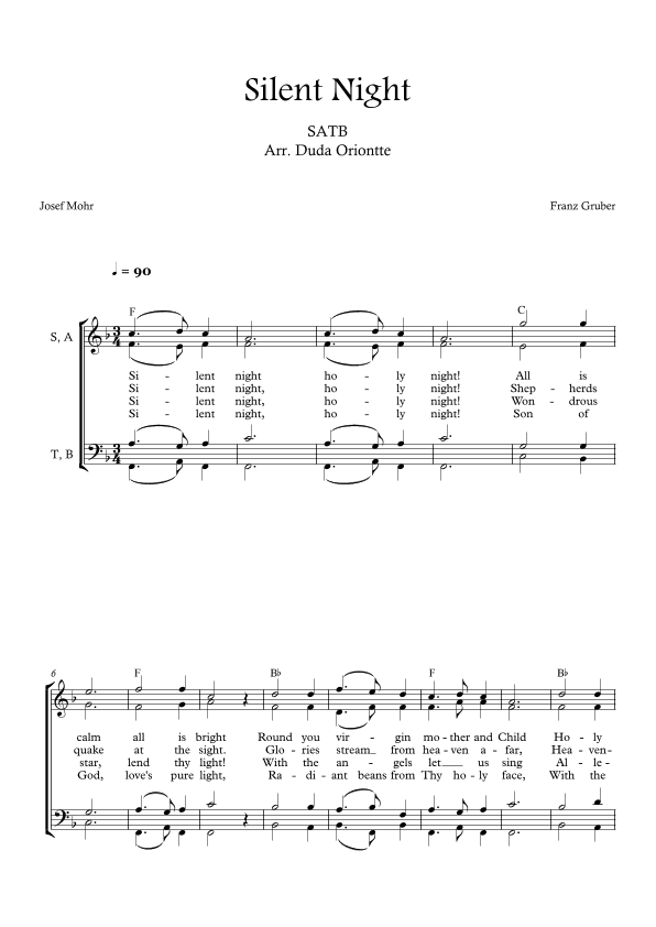 Silent Night (F major - SATB - with chords - no piano -two staff) (arr. Duda Oriontte)