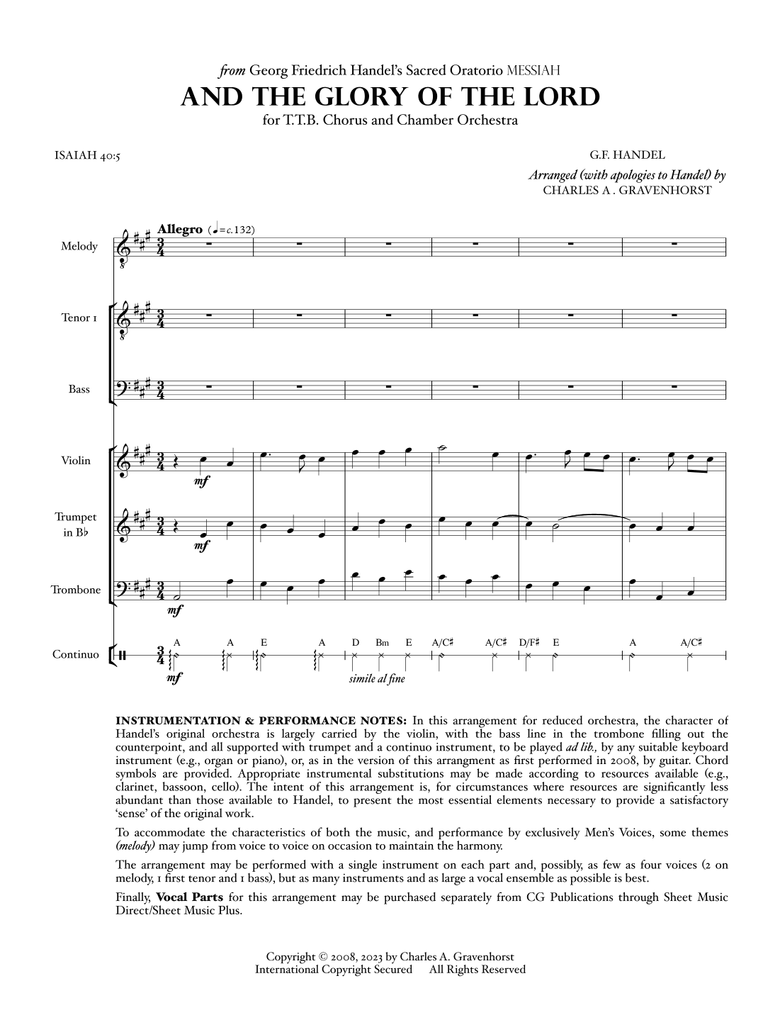 And The Glory Of The Lord (from “MESSIAH”) for Men’s Chorus (TTB) – FULL SCORE (arr. Charles A. Gravenhorst)