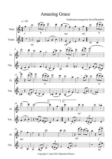 Amazing Grace for Flute and Violin Duet (arr. David Burndrett)