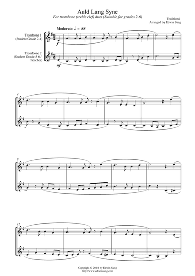 Auld Lang Syne (for trombone duet (treble clef), suitable for grades 2-6) (arr. Edwin Sung)