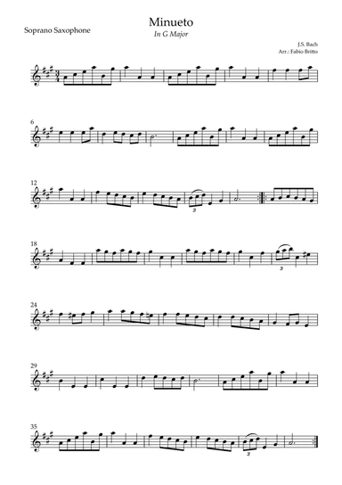 Minueto in G Major ( J.S. Bach) for Soprano Saxophone Solo (arr. Fabio Britto)