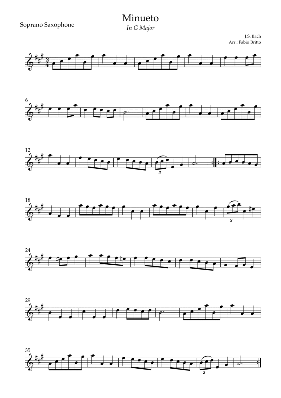 Minueto in G Major ( J.S. Bach) for Soprano Saxophone Solo (arr. Fabio Britto)