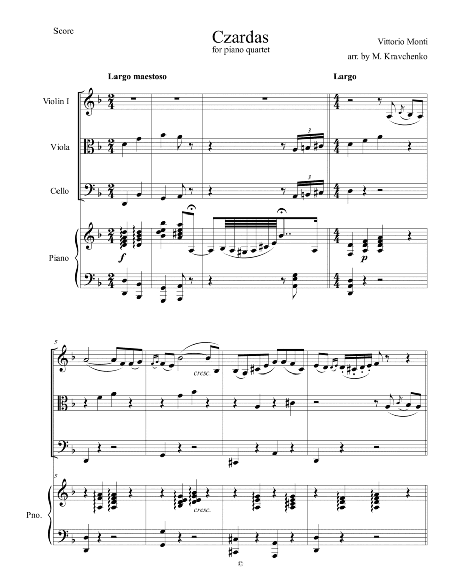 Vittorio Monti - Czardas arr. for piano quartet (score and parts) (arr. Maksym Kravchenko)