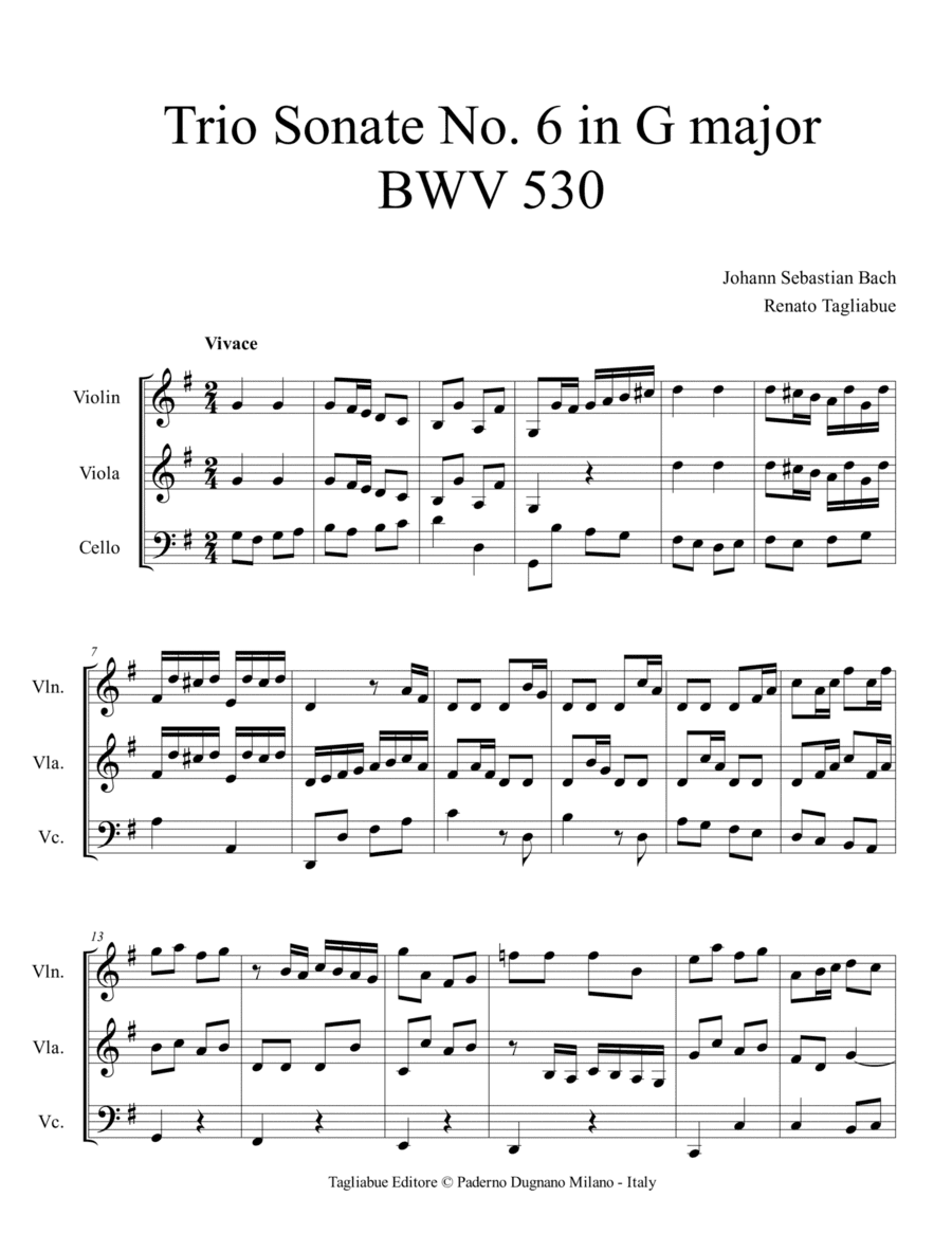 BACH J.S. - BWV 530 - Trio Sonate No. 6 in G major - Arr. for Trio String (arr. Renato Tagliabue)