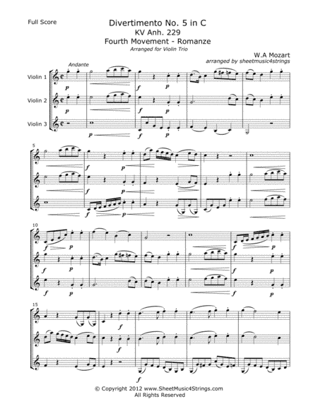 Mozart, W. - Divertimento No. 5 (Mvt. 4) for Three Violins (arr. Linda M. Scott)