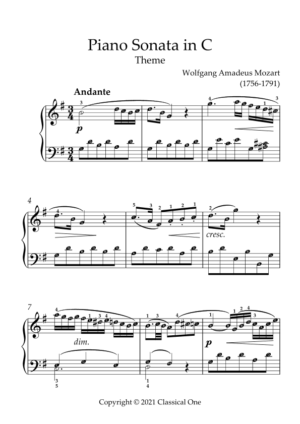 Mozart - Piano Sonata in C Theme(With Note name) (arr. MPS)