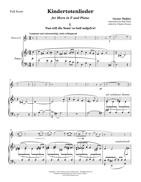 Kindertotenlieder for Horn in F and Piano accompaniment (arr. Charles Vernon and Erik Saras)