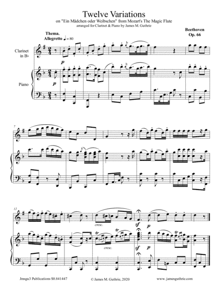 Beethoven: 12 Variations Op. 66 for Clarinet & Piano (arr. James M. Guthrie, ASCAP)