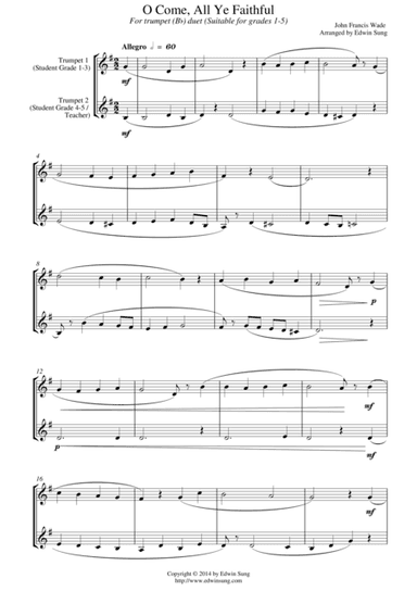 O Come, All Ye Faithful (for trumpet (Bb) duet, suitable for grades 1-5) (arr. Edwin Sung)