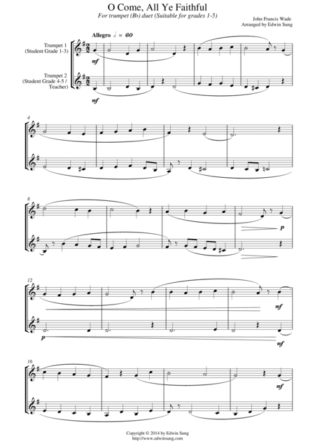 O Come, All Ye Faithful (for trumpet (Bb) duet, suitable for grades 1-5) (arr. Edwin Sung)