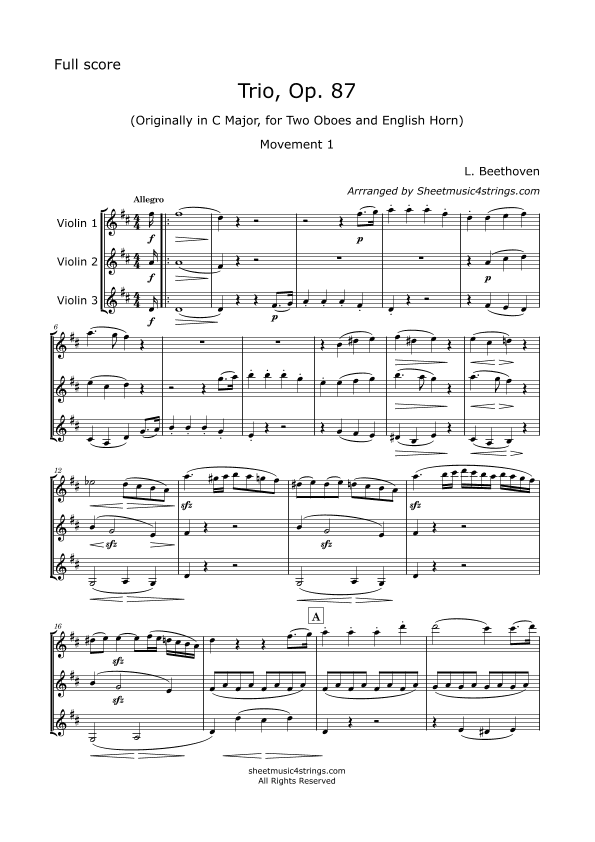 Beethoven, L. - Trio in C, Op. 87, Arranged for 3 Violins (arr. SheetMusic4Strings)