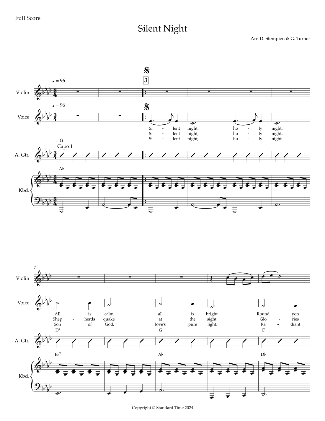 Silent Night for Unison Choir (Violin Descant, Piano and/or Guitar Accompaniment) (arr. Debra E. Stempien, Gregory H. Turner)